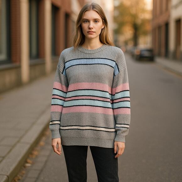 Vintage Delivery Ltd. Gray Pastel Striped Oversized Sweater Made in USA Chunky - Picture 1 of 7